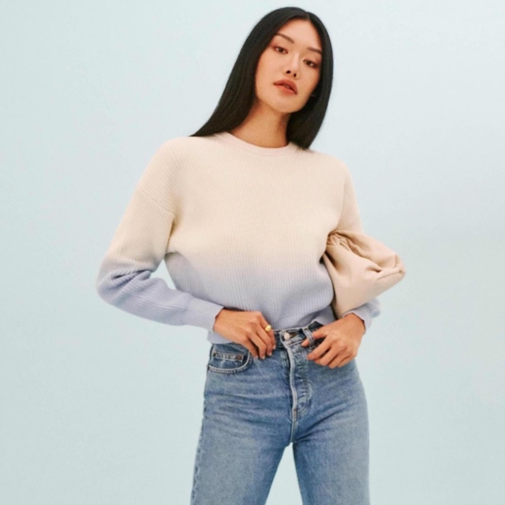 Reformation Winnie Crewneck Sweater in Parisian Blue Dip Dye Ombré Sz Small (S) - Picture 11 of 14